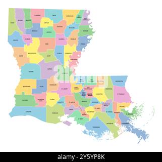 Louisiane, état américain, subdivisé en 64 paroisses, carte politique multicolore avec la capitale Baton Rouge, frontières et noms de paroisse. Banque D'Images