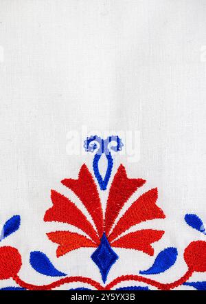 Ornement traditionnel slovène de broderie de nappe en bleu et rouge avec fleur d'oeillet Banque D'Images