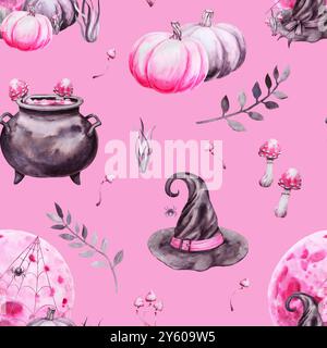 Motif sans couture pour Halloween. Dessiné à la main avec aquarelle. Attributs dessinés d'un sabbat magique : chapeau de sorcière, citrouilles, champignons vénénéneux, chaudron Banque D'Images