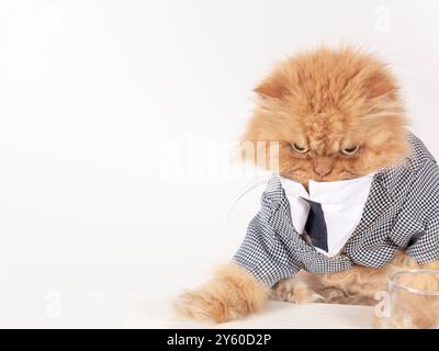 Un chat persan d'apparence sérieuse vêtu d'un costume formel est assis à un bureau, donnant l'apparence d'un professionnel grincheux mais déterminé. Banque D'Images