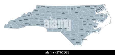 Comtés de Caroline du Nord, carte politique grise avec frontières et noms de comté. État dans la région sud-est des États-Unis subdivisé en 100 comtés. Banque D'Images