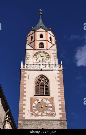 Clocher, clocher, église paroissiale, église paroissiale de : Nicholas, Merano, Merano, Tyrol du Sud, Province autonome de Bolzano, Italie, Europe Banque D'Images