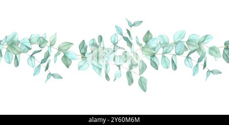 Branches d'eucalyptus avec des feuilles vertes formant une simple bordure horizontale. Bordure sans couture, clipart d'aquarelle. Convient pour les invitations de mariage, les graphiques de médias sociaux, ou les garnitures de tissu Banque D'Images