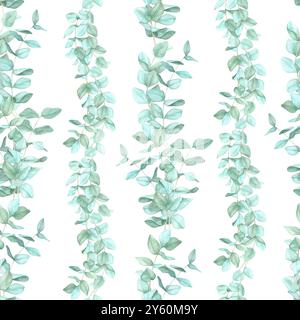 Branches d'eucalyptus vert disposées verticalement. Modèle sans couture, clipart d'aquarelle. Idéal pour les textiles de décoration, le papier peint et les emballages cadeaux, offrant un design inspiré de la nature pour les produits Banque D'Images