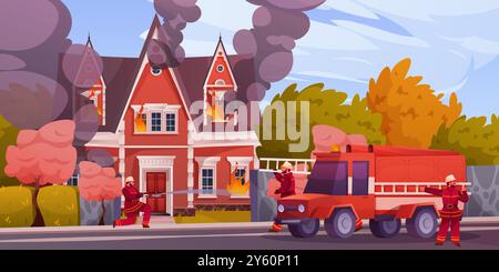 Pompiers. Flamme d'extinction de pompier. Maison en feu. Sauvetage après allumage. Les combattants pulvérisent de l'eau avec un tuyau. Camion de pompiers à la rue de la ville. Équipe extincteurs. Maison flamboyante avec de la fumée. Concept de vecteur Illustration de Vecteur