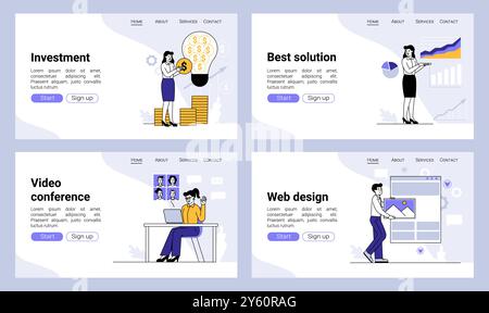 Page d'accueil de l'entreprise. Visioconférence de bureau. Modèle de conception de site Web. Concepteur Web. Investissement monétaire en ligne. Solution d'homme d'affaires. Bannière publicitaire ou visuelle. Arrière-plans vectoriels définis Illustration de Vecteur