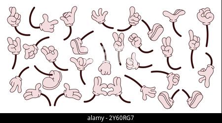 Bras de dessin animé. Mains de mascotte. Parties gestuelles. Gants et chaussures. Pieds comiques marchant ou debout. Position des jambes de griffonnage. Doigt pointant. Corps humain différentes poses. Signes mignons. Jeu de membres de caractère vectoriel Illustration de Vecteur