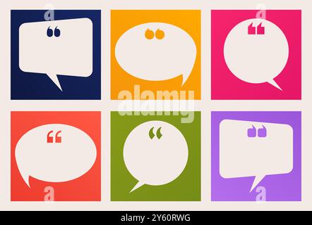 Modèle de révision. Marque de parole, citation message post pour les clients dans les médias sociaux, signes colorés de rétroaction. Ballons de citation. Publication sur les réseaux sociaux. Cadre avec espace de copie pour le texte. Arrière-plan vectoriel Illustration de Vecteur