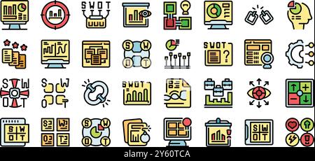 Icônes d'analyse SWOT montrant l'opportunité, la menace, la faiblesse et la force pour les marketeurs créant un business plan Illustration de Vecteur