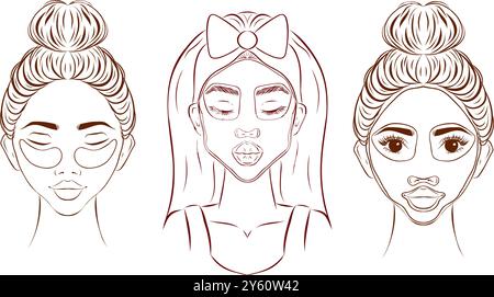 Ensemble de soins pour la peau. Collection de fille prenant soin de son visage et appliquant sérum, crème hydratante, lotion et masque facial. Concept beauté et hygiène. V Illustration de Vecteur