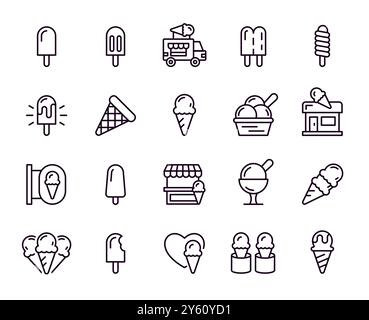 Icônes de crème glacée. Cuillère à sundae. Pictogramme de cône de gaufre et de ligne de sorbet. Tasse noire et blanche pour le menu des aliments surgelés. Plat à grignoter sucré. Chariot à dessert froid. Saveur vanille. Camion d'atelier. Jeu de symboles de café vectoriel Illustration de Vecteur