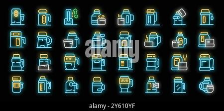 Il s'agit d'un grand ensemble d'icônes thermos néon lumineux présentant différents types de flacons sous vide pour boissons chaudes et froides Illustration de Vecteur