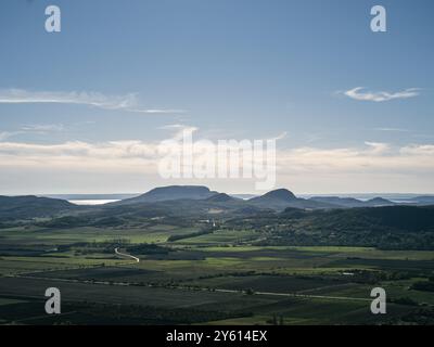 Un beau paysage avec un ciel bleu et des montagnes en arrière-plan. Les montagnes sont couvertes d'arbres et l'herbe est luxuriante et verte. La scène i Banque D'Images