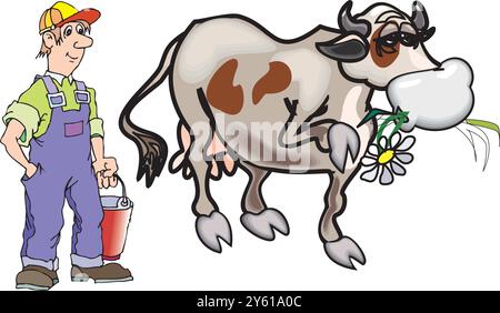 Agriculteur debout à côté d'une vache sur l'illustration de conception de vecteur de ferme Illustration de Vecteur