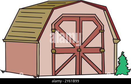 Extérieur du bâtiment de l'étable de grange de ferme avec illustration vectorielle plate de tracteur et de moulin à vent Illustration de Vecteur