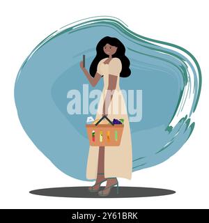 Fille à la peau foncée debout sur le côté en robe claire, tenant un panier orange avec des provisions pendant le shopping. Illustration de style plat vectoriel. Pour utilisation dans Illustration de Vecteur