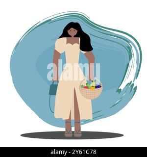 Fille à la peau foncée dans une robe légère tenant un panier tissé avec des provisions pendant le shopping. Illustration de style plat vectoriel. Parfait pour une utilisation dans le marketing Illustration de Vecteur