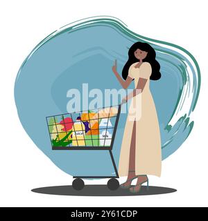 Fille à la peau foncée en robe claire poussant le chariot avec des provisions pendant le magasinage. Illustration de style plat vectoriel. Pour les promotions en épicerie Illustration de Vecteur