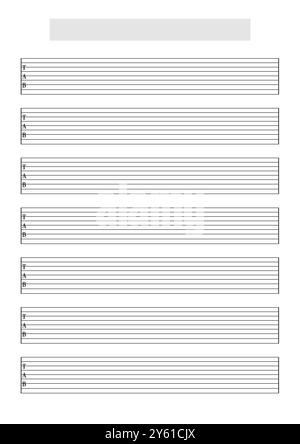 Modèle de feuille de tablature guitare vierge (9 cordes) pour écrire de la musique pour une gamme étendue pour guitariste métal et hardcore. Format A4 en mode portrait Banque D'Images