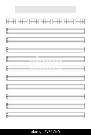 Blank Bass Guitar ou Ukulele (5 cordes) modèle de feuille de tablature avec des blocs d'accords pour écrire de la musique. Format A4 en mode portrait avec titre de morceau Banque D'Images