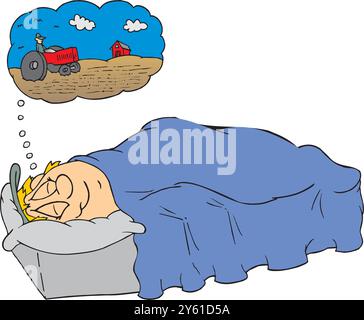 Un agriculteur rêve qu'il conduit un tracteur pendant qu'il dort illustration de conception vectorielle Illustration de Vecteur
