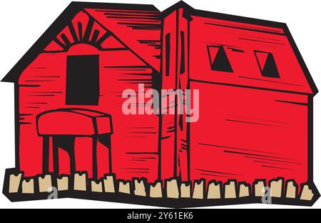 Extérieur du bâtiment de l'étable de grange de ferme avec illustration vectorielle plate de tracteur et de moulin à vent Illustration de Vecteur