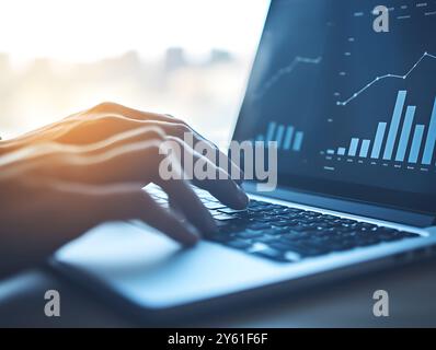 Gros plan de mains tapant sur un ordinateur portable, montrant des graphiques de données à l'écran. Cette image symbolise les processus analytiques, la productivité et la communication numérique Banque D'Images