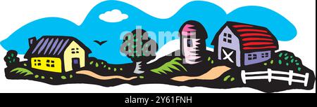 Village rural de composition de vaches de ferme paysagère avec grange de vaches et moulin dans l'illustration vectorielle de fond Illustration de Vecteur