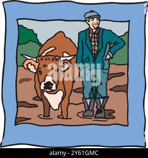 Agriculteur debout à côté d'une vache sur l'illustration de conception de vecteur de ferme Illustration de Vecteur