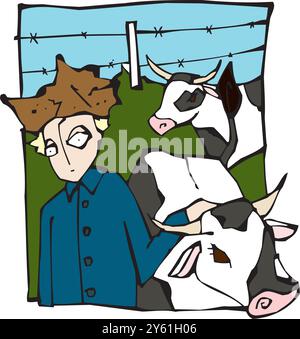 Agriculteur debout à côté d'une vache sur l'illustration de conception de vecteur de ferme Illustration de Vecteur
