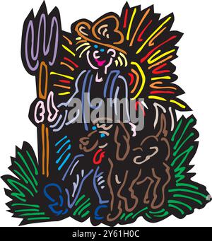 Agriculteur debout à côté d'un chien sur l'illustration de conception de vecteur de ferme Illustration de Vecteur