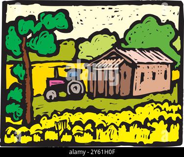 ferme isométrique avec grange de moulins et clôture de foin de silo et illustration vectorielle isolée de lampadaire Illustration de Vecteur