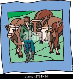 Agriculteur debout à côté d'une vache sur l'illustration de conception de vecteur de ferme Illustration de Vecteur