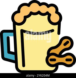 Illustration vectorielle d'une tasse de bière mousseuse avec une poignée debout près d'arachides salées dans une coquille, parfait pour les thèmes de bar et de pub Illustration de Vecteur