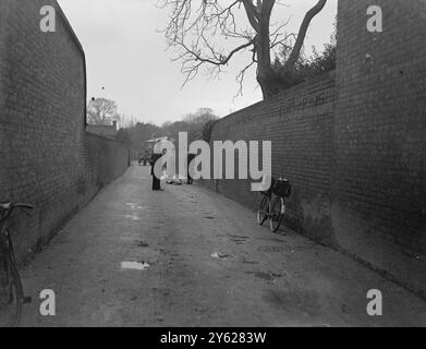 Les hommes du C.I.D. cherchaient ce matin des indices suite à la découverte du corps d'une femme sur un sentier public menant à la propriété du duc de Northumberland, Syon Park, Isleworth, Middlesex. La jeune fille, dont le sac à main et les papiers d'identité étaient manquants, a été nommée Miss Sylvia Styles, de Beech Avenue, Brentford. Les détectives de Scotland Yard pensent que Mme Styles a été attaquée et volée tard hier soir et étranglée alors qu'elle tentait de se défendre. Images montrent : des fonctionnaires de police debout à côté du corps couvert de la fille morte dans le sentier ce matin Banque D'Images