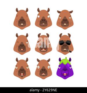 Capybara set emoji avatar. visage triste et en colère. coupable et endormi. visage des rongeurs endormis par l'émotion de sommeil. Ensemble bête Illustration de Vecteur