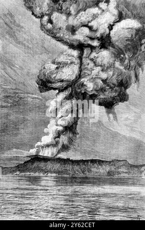 L'éruption volcanique de Krakatoa dans le détroit de Sunda à mi-chemin entre Java et Sumatra. Le volcan Krakatau (Krakatoa) était situé sur l’île de Rakata, à 40 km au large de la côte ouest de Java. Le 27 août 1883, l'île indonésienne de Rakata a presque disparu. En fait, environ 75% de la superficie de Rakata n'existe plus. C’est l’éruption volcanique la plus violente enregistrée dans l’histoire du monde qui a causé la destruction, et a fait plus de 30 000 morts. Banque D'Images