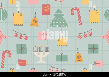 Joyeux Noël, joyeux nouvel an mignon modèle sans couture avec jouet, bougie, cadeau, arbre. Style rétro tendance. Modèle d'arrière-plan de conception vectorielle simple. Illustration de Vecteur
