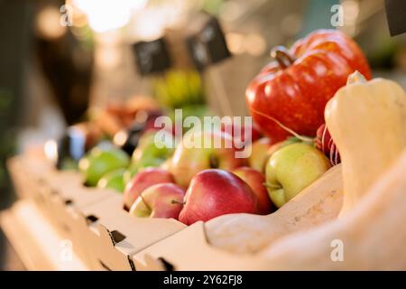 Gros plan de pommes vertes et rouges éclatantes emballées dans des boîtes au Farmers Market Stand. Foyer sélectif de la variété de fruits et légumes de saison placés dans des caisses sur les étals greenmarket. Banque D'Images