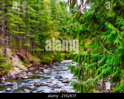 Vue de la rivière Snoqualmie depuis un drone à North Bend, Washington. Banque D'Images