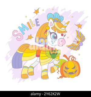 Carte d'Halloween avec mignonne licorne portant un costume égyptien et citrouille. Sourire de lettrage. Illustration vectorielle dans des couleurs douces à la mode. Pour imprimer, carte, po Illustration de Vecteur