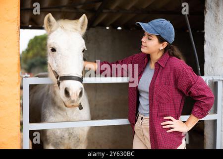 Femme se brossant, marchant, nourrissant des chevaux Banque D'Images