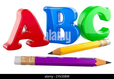 Éducation préscolaire, concept. Lettres de couleur ABC avec des crayons, rendu 3D isolé sur fond blanc Banque D'Images