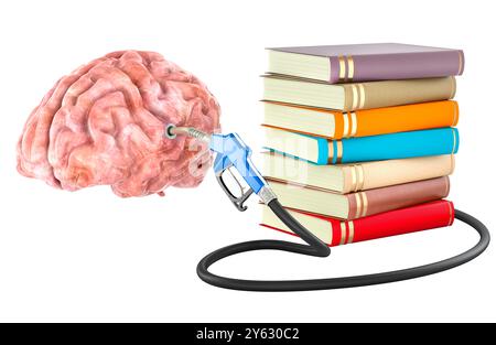 Livres avec le ravitaillement en carburant de la pompe à essence du cerveau humain. Les livres comme carburant pour le cerveau, concept. Rendu 3D isolé sur fond blanc Banque D'Images