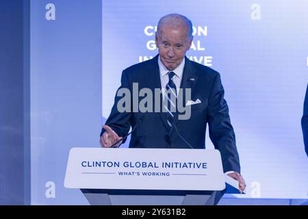 New York, États-Unis. 23 septembre 2024. Le président AMÉRICAIN Joe Biden lors de la réunion annuelle 2024 de la Clinton Global Initiative dans un hôtel de l'île de Manhattan à New York aux États-Unis, lundi 23 Credit : Brazil photo Press/Alamy Live News Banque D'Images