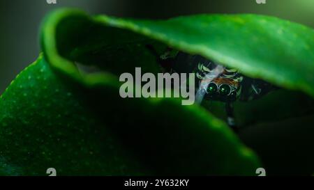 Araignée sautante jetant un coup d'œil sous une feuille verte dans une photo macro de la faune. Banque D'Images