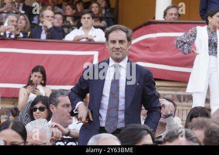 Séville, 04/07/2024. Taureaux de Fermín Bohórquez pour les toreros Lama de Góngora, Ruiz Muñoz et Juan Pedro García «Calerito». Sur la photo, Miguel Báez «El Litri». Photo : Raúl Doblado. ARCHSEV. Crédit : album / Archivo ABC / Raúl Doblado Banque D'Images