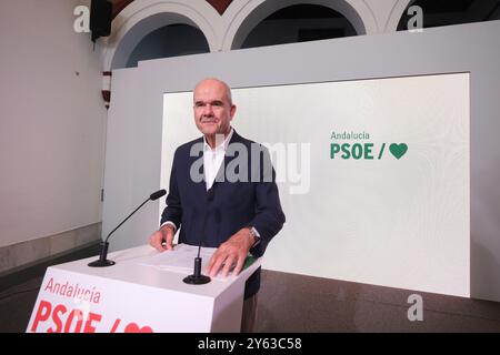 Séville, 18/07/2024. Conférence de presse de Manuel Chaves au siège du PSOE d'Andalousie sur la décision de l'Eres de la Cour constitutionnelle. Photo : JM Serrano. Archsev. Crédit : album / Archivo ABC / Juan Manuel Serrano Becerra Banque D'Images