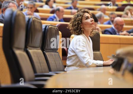 Madrid, 04/09/2024. Comparution de la première Vice-Présidente du Gouvernement et Ministre des Finances, María Jesús Montero Cuadrado, devant la session plénière du Sénat, pour faire rapport sur le sécessionnisme fiscal qu’elle a convenu avec ses partenaires bilatéralement et en dehors du système de financement des communautés autonomes du régime commun. Photo : Jaime García. ARCHDC. Crédit : album / Archivo ABC / Jaime García Banque D'Images