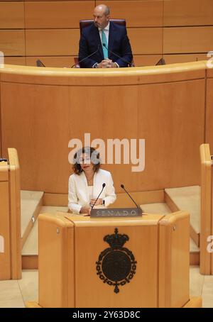 Madrid, 04/09/2024. Comparution de la première Vice-Présidente du Gouvernement et Ministre des Finances, María Jesús Montero Cuadrado, devant la session plénière du Sénat, pour faire rapport sur le sécessionnisme fiscal qu’elle a convenu avec ses partenaires bilatéralement et en dehors du système de financement des communautés autonomes du régime commun. Photo : Jaime García. ARCHDC. Crédit : album / Archivo ABC / Jaime García Banque D'Images